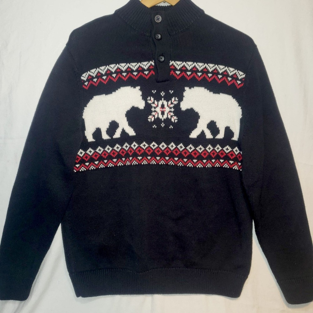 Chaps Mens Medium Black Fair Isle Polar Bears Cotton Button Mock Neck Sweater